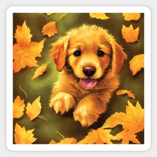 Golden Labrador Puppy in Beautiful Autumn Leaves Sticker